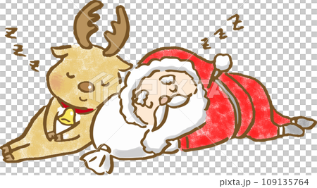 眠っているサンタとトナカイの手描きイラスト 109135764