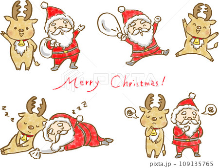 サンタクロースとトナカイコンビの色々なシーンのイラストセット 109135765