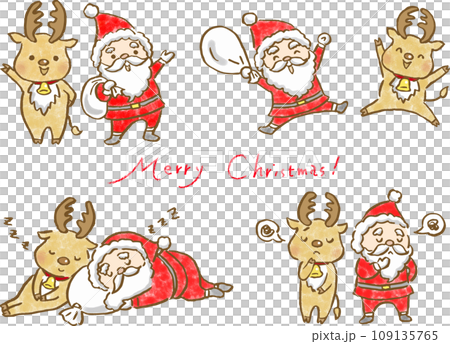 サンタクロースとトナカイコンビの色々なシーンのイラストセット 109135765