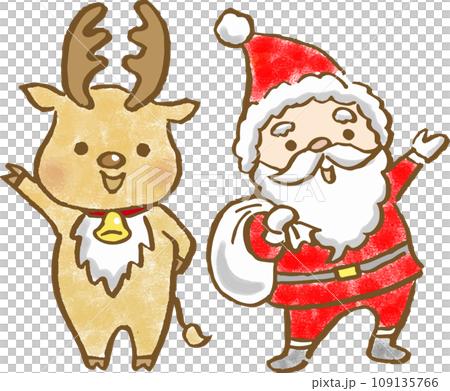 片手を挙げているサンタクロースとトナカイの手描きイラストのイラスト