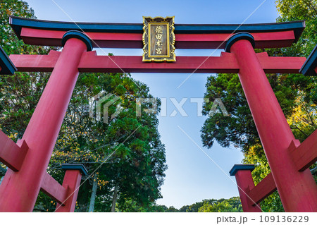 奈良県生駒郡三郷町の龍田大社　鳥居 109136229
