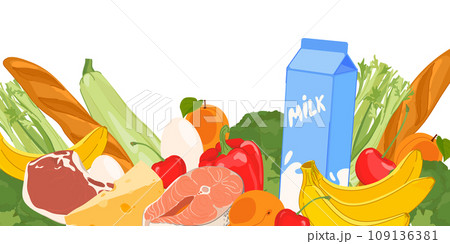 Vector healthy food in flat style. Products from the supermarket - milk, bread, meat, fish, vegetables and fruits. Healthy low-calorie cartoon style diet. 109136381