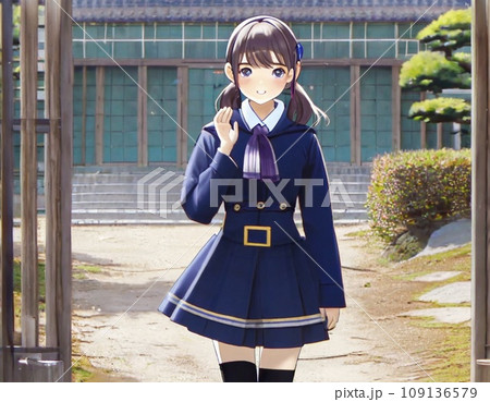 校舎の前に立つ制服を着た女子高生 109136579