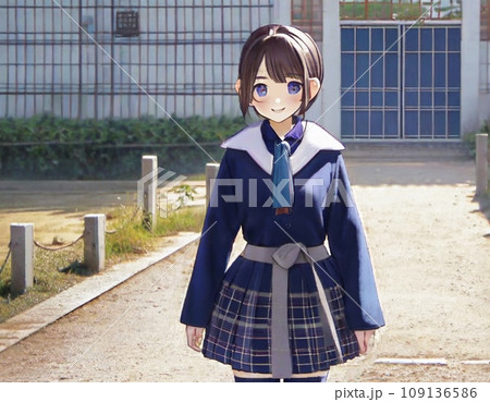 校舎の前に立つ制服を着た女子高生 109136586