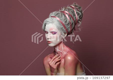 Perfect creative fashionable carnival model woman blonde, fashion beauty studio portrait 109137297