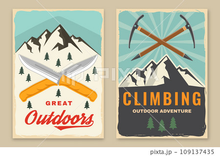 Set of camping retro posters. Vector illustration. Vintage typography design with forest pine tree, camping knives, mountain, forest and climbing ice-axe. 109137435