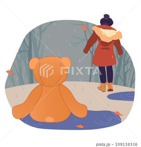 A Teddy bear is thrown in the rain, and the child leaves. An unnecessary toy in the autumn Park. Vector illustration of loneliness and mental depression. The concept of broken hopes and growing up. A Teddy bear is thrown in the rain, and the child leaves. An unnecessary toy in the autumn Park. Vector illustration of loneliness and mental depression. The concept of broken hopes and growing up. 109138316