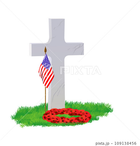 White marble tombstone, American flag and flowers. 109138456