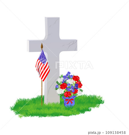 White marble tombstone, American flag and flowers. White marble tombstone, American flag and flowers. 109138458