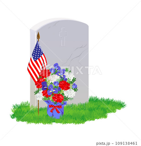 White marble tombstone, American flag and flowers. White marble tombstone, American flag and flowers. 109138461