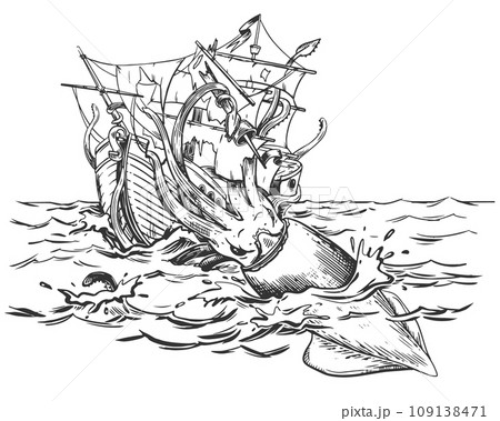 The legendary kraken is attacking the ship. A huge squid drags a sailboat underwater. Monochrome drawing. Vector illustration in engraving style. Composition based on the legends of sailors. 109138471