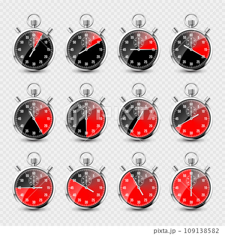 Realistic classic stopwatch. Shiny metal chronometer, time counter with dial. Red countdown timer showing minutes and seconds. Time measurement for sport, start and finish. Vector illustration 109138582
