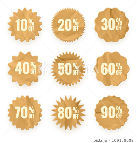 Crumpled paper price tags. Special offer or shopping discount label with percent, discount percentage value. Retail sticker with cardboard texture. Promotional sale badge. Vector illustration 109138608