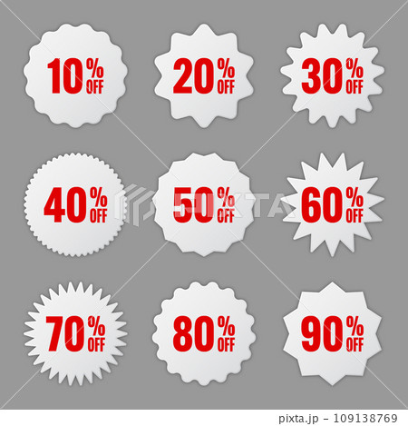 Price tags collection, special offer or shopping discount label with percent, discount percentage value. White retail paper sticker. Promotional sale badge. Vector illustration 109138769