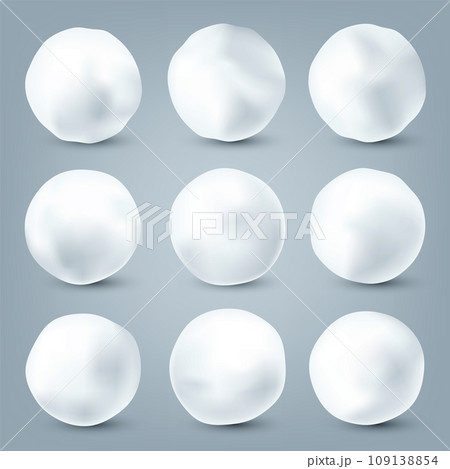 Realistic snowballs collection. Frozen ice ball, white snow. Winter decoration element for Christmas or New Year. Vector illustration 109138854