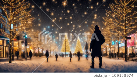 イルミネーションが輝く雪降る街並みのイラスト素材 [109138974] - PIXTA