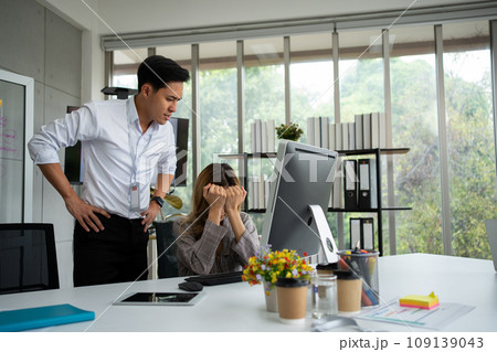 Stressed of female employee and offensive faces that the boss yells, Workplace Conflict, Corporate Communication Problem, stress of business partner discussing, Quarrels, And Bad Attitude At Work Stressed of female employee and offensive faces that the boss yells, Workplace Conflict, Corporate Communication Problem, stress of business partner discussing, Quarrels, And Bad Attitude At Work 109139043