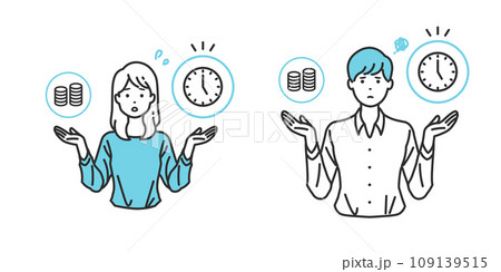 お金と時間を天秤にかけて、タイパを考えているイラスト お金と時間を天秤にかけて、タイパを考えているイラスト 109139515