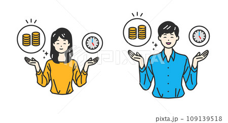 お金と時間を天秤にかけて、タイパを考えているイラスト お金と時間を天秤にかけて、タイパを考えているイラスト 109139518