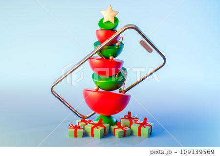 christmas tree in a smart phone screen in blue background with copy space for your design. 3d render christmas tree in a smart phone screen in blue background with copy space for your design. 3d render 109139569
