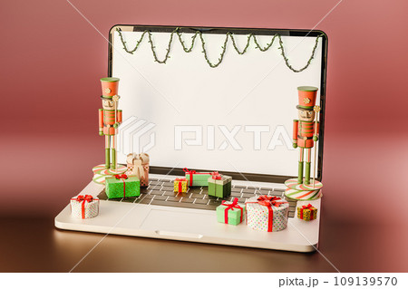Laptop with christmas decoration and blank screen. 3d render Laptop with christmas decoration and blank screen. 3d render 109139570