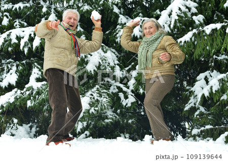 Happy senior couple at snowy winter park Happy senior couple at snowy winter park 109139644