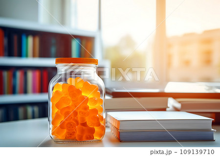 A jar of Gummy Vitamins is on the student's desk. The concept of taking vitamins to maintain child health while studying 109139710