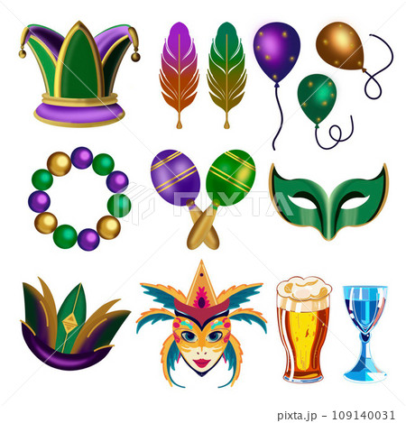 a set of illustrations of Mardi gras for a celebration on a white background drawn by hand 109140031