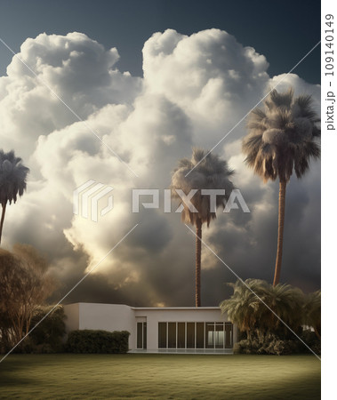 Retro oasis, palm silhouettes against majestic clouds. Generative AI 109140149