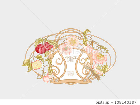 Decorative apple, flowers and bird in art nouveau style 109140387