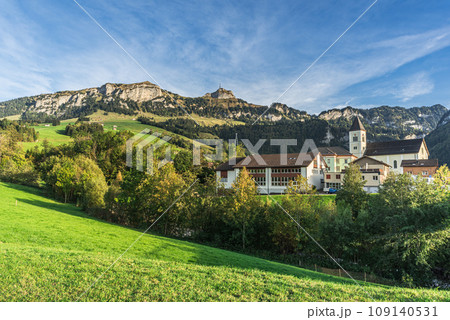 Village in the Appenzell Alps, behind the Alpstein mountains, Switzerland Village in the Appenzell Alps, behind the Alpstein mountains, Switzerland 109140531