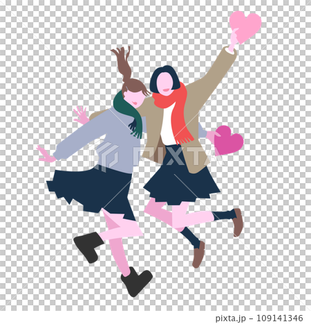 制服姿で手にハートを持ち肩を組む二人の女性 109141346