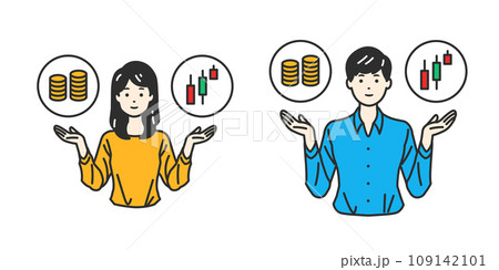財務選択の天秤 - 貯金と投資のバランスを考える人物イラスト 財務選択の天秤 - 貯金と投資のバランスを考える人物イラスト 109142101