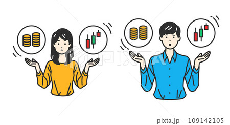 財務選択の天秤 - 貯金と投資のバランスを考える人物イラスト 財務選択の天秤 - 貯金と投資のバランスを考える人物イラスト 109142105