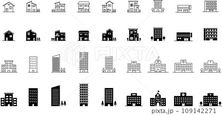 建物の線画とシルエットアイコンセット 109142271