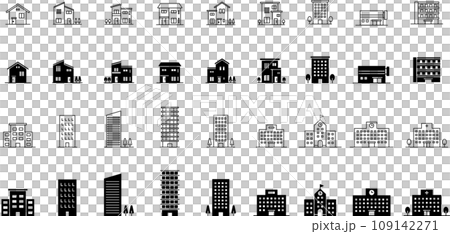 Building line drawing and silhouette icon set 109142271