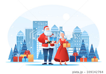 santa claus with woman in red dress holding wrapped gifts new year holidays celebration concept cityscape background 109142764