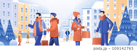 people in winter clothes walking outdoor with shopping bags season big sale special offer promotion discount cityscape background 109142765