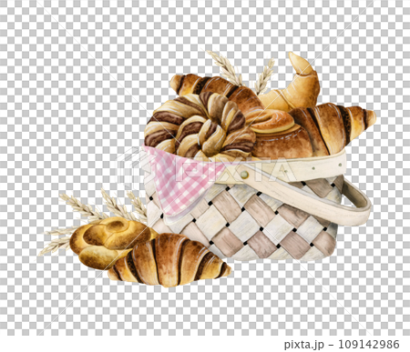 Fresh pastries in wicker basket with croissants, buns and wheat watercolor illustration isolated on white background for picnic and bakery designs 109142986