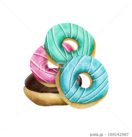 Stack of donuts food dessert watercolor illustration isolated on white background for pastry and bakeries 109142987