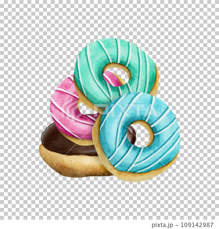 Stack of donuts food dessert watercolor illustration isolated on white background for pastry and bakeries 109142987