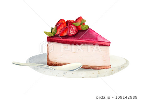 Strawberry cheesecake dessert slice on a plate with spoon watercolor illustration isolated on white background for menus and flyers Strawberry cheesecake dessert slice on a plate with spoon watercolor illustration isolated on white background for menus and flyers 109142989