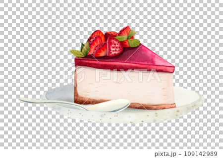 Strawberry cheesecake dessert slice on a plate with spoon watercolor illustration isolated on white background for menus and flyers Strawberry cheesecake dessert slice on a plate with spoon watercolor illustration isolated on white background for menus and flyers 109142989