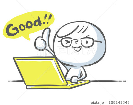 黄色いノートパソコンとgoodというめがねの白い人 109143343