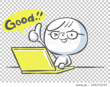 A white person with a yellow laptop and glasses that say good 109143343