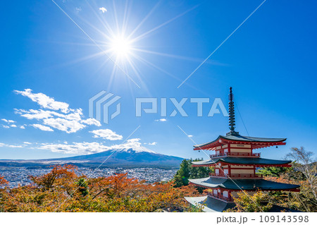 新倉山浅間公園 雄大な富士山と朱塗りの五重塔 桜の紅葉 秋 光芒 新倉山浅間公園 雄大な富士山と朱塗りの五重塔 桜の紅葉 秋 光芒 109143598