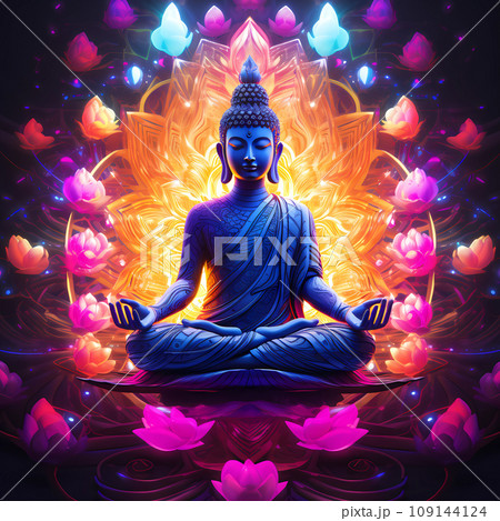 Buddha Sitting in the Lotus Position on the Background of the Mandala Buddha Sitting in the Lotus Position on the Background of the Mandala 109144124