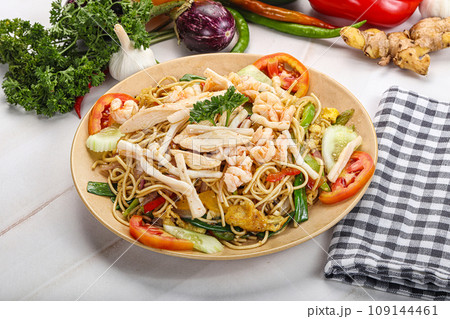 Fried noodles with prawn and vegetables Fried noodles with prawn and vegetables 109144461