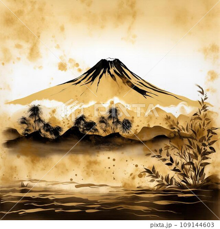 伝統的な水墨画風の富士山イラスト　正月素材　金色 109144603