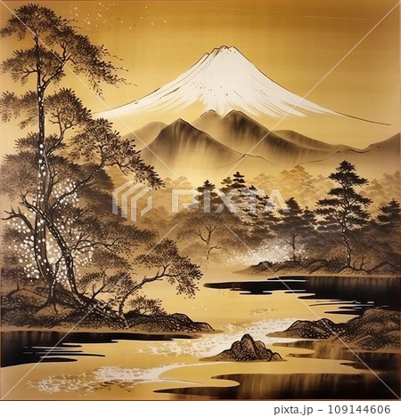 伝統的な水墨画風の富士山イラスト 正月素材 金色 伝統的な水墨画風の富士山イラスト 正月素材 金色 109144606